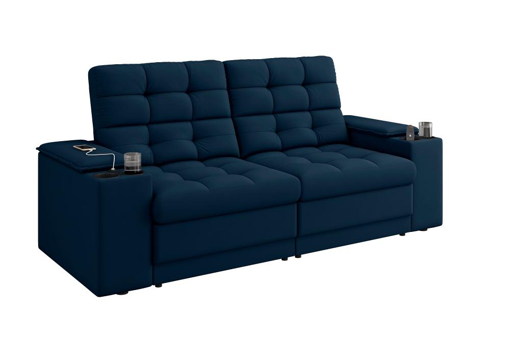 Sofá Confort Premium 1,70m Assento Retrátil/Reclinável porta copos e USB Suede Azul - XFlex Sofas