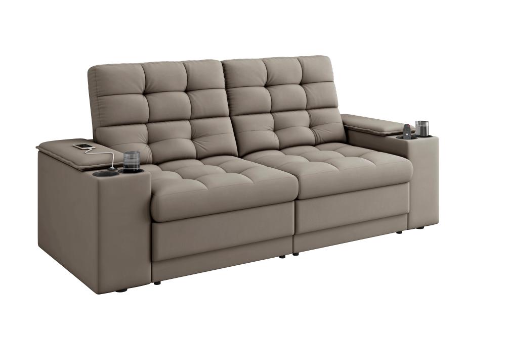 Sofá Confort Premium 1,70m Assento Retrátil/Reclinável porta copos e USB Suede Capuccino - XFlex Sofas