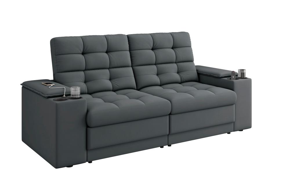 Sofá Confort Premium 1,70m Assento Retrátil/Reclinável porta copos e USB Suede Cinza - XFlex Sofas