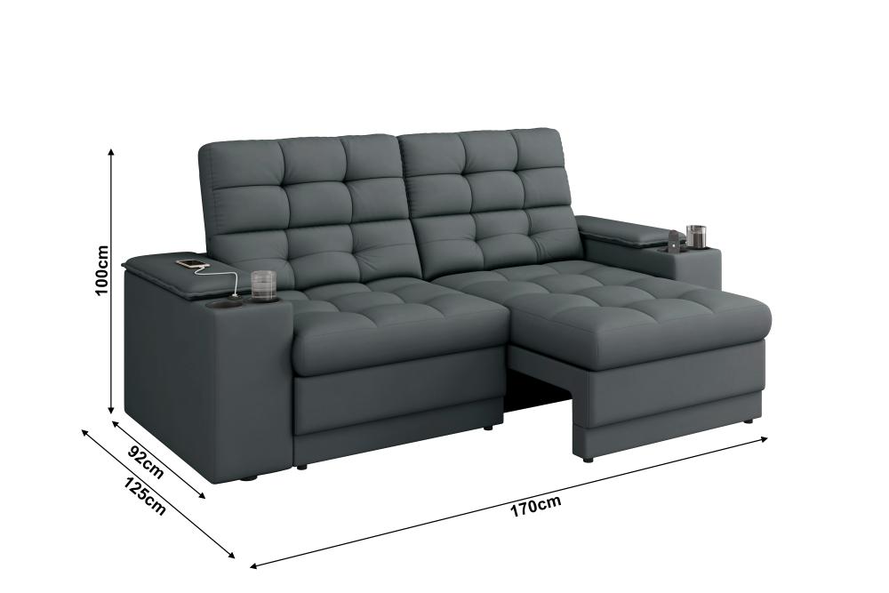 Sofá Confort Premium 1,70m Assento Retrátil/Reclinável porta copos e USB Suede Cinza - XFlex Sofas
