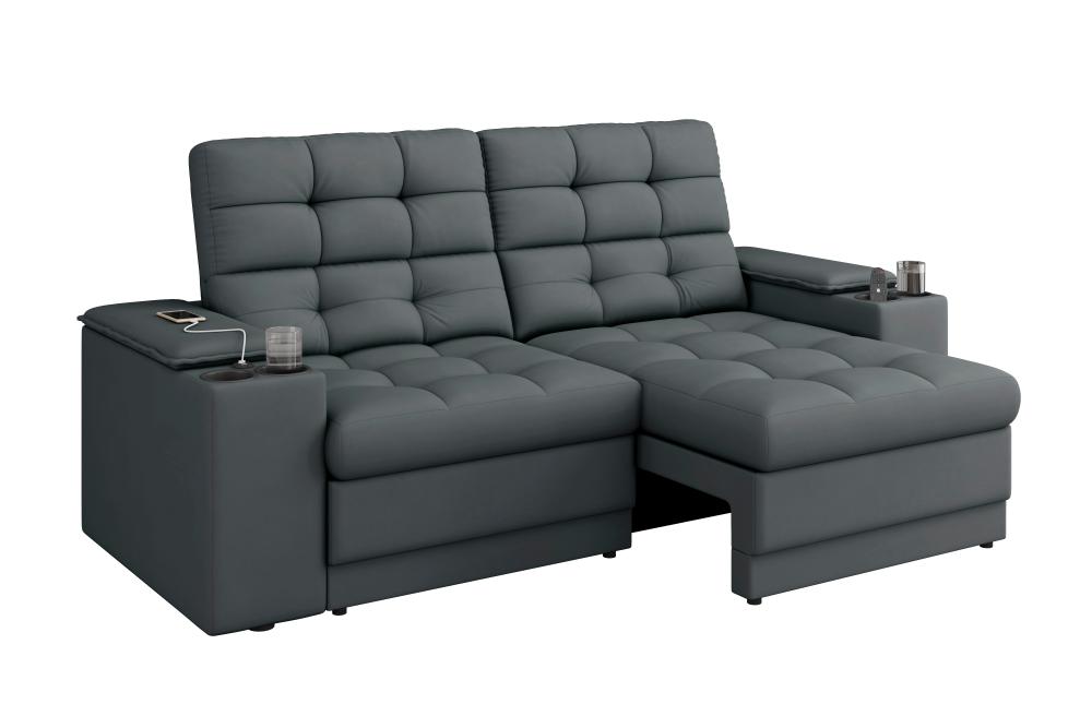 Sofá Confort Premium 1,70m Assento Retrátil/Reclinável porta copos e USB Suede Cinza - XFlex Sofas