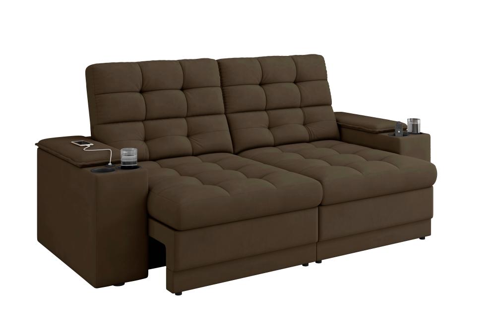Sofá Confort Premium 1,70m Assento Retrátil/Reclinável porta copos e USB Suede Marrom - XFlex Sofas
