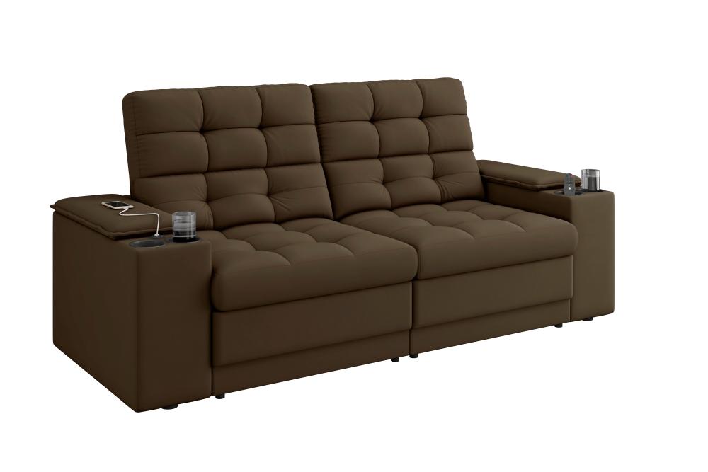 Sofá Confort Premium 1,70m Assento Retrátil/Reclinável porta copos e USB Suede Marrom - XFlex Sofas