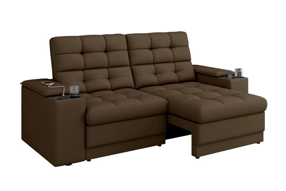 Sofá Confort Premium 1,70m Assento Retrátil/Reclinável porta copos e USB Suede Marrom - XFlex Sofas