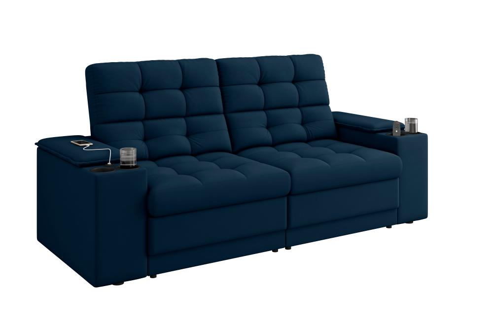 Sofá Confort Premium 1,70m Assento Retrátil/Reclinável porta copos e USB Suede Petróleo - XFlex Sofas