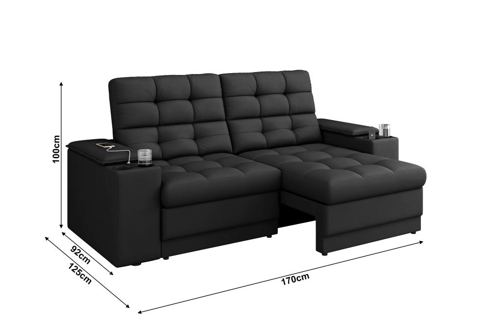 Sofá Confort Premium 1,70m Assento Retrátil/Reclinável porta copos e USB Suede Preto - XFlex Sofas
