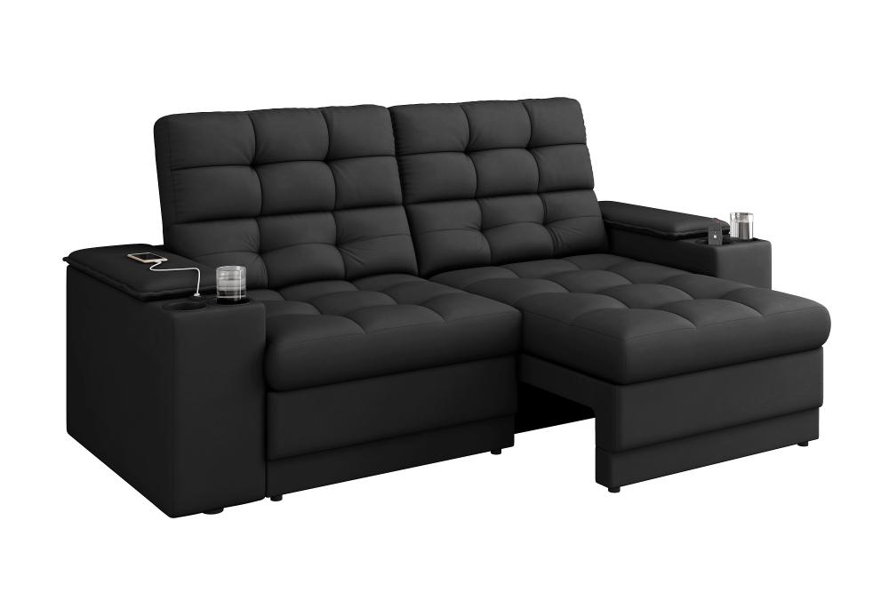 Sofá Confort Premium 1,70m Assento Retrátil/Reclinável porta copos e USB Suede Preto - XFlex Sofas