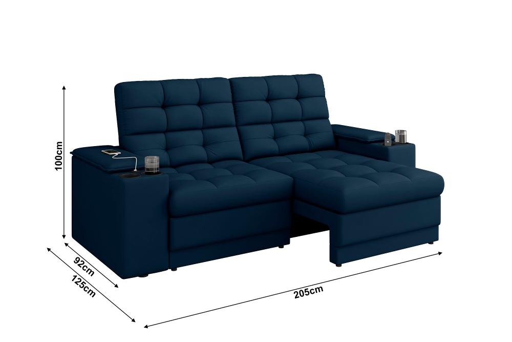 Sofá Confort Premium 2,05m Assento Retrátil/Reclinável porta copos e USB Suede Azul - XFlex Sofas
