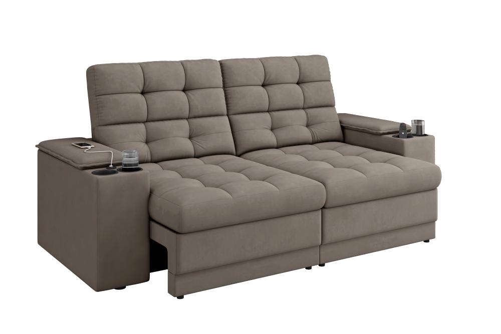 Sofá Confort Premium 2,05m Assento Retrátil/Reclinável porta copos e USB Suede Capuccino - XFlex Sofas