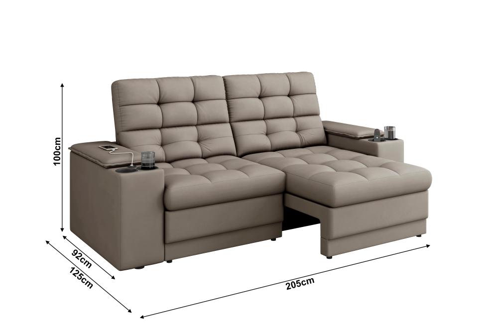 Sofá Confort Premium 2,05m Assento Retrátil/Reclinável porta copos e USB Suede Capuccino - XFlex Sofas