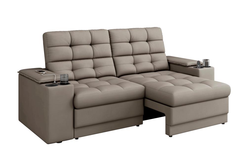 Sofá Confort Premium 2,05m Assento Retrátil/Reclinável porta copos e USB Suede Capuccino - XFlex Sofas