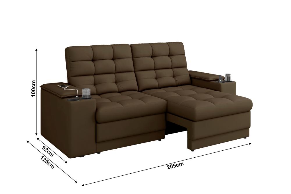 Sofá Confort Premium 2,05m Assento Retrátil/Reclinável porta copos e USB Suede Marrom - XFlex Sofas