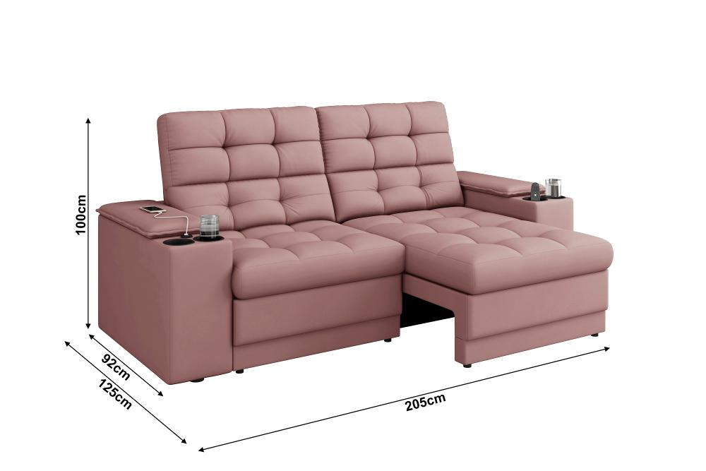 Sofá Confort Premium 2,05m Assento Retrátil/Reclinável porta copos e USB Suede Nude - XFlex Sofas