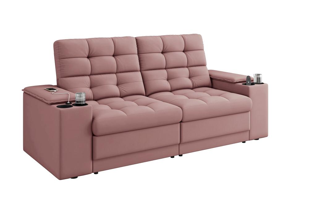 Sofá Confort Premium 2,05m Assento Retrátil/Reclinável porta copos e USB Suede Nude - XFlex Sofas