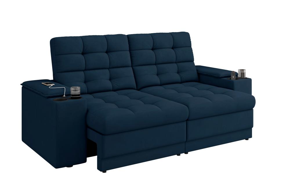 Sofá Confort Premium 2,05m Assento Retrátil/Reclinável porta copos e USB Suede Petróleo - XFlex Sofas