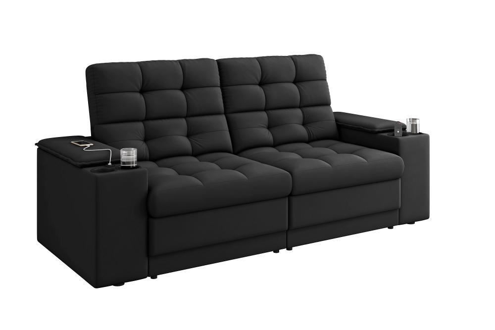 Sofá Confort Premium 2,05m Assento Retrátil/Reclinável porta copos e USB Suede Preto - XFlex Sofas