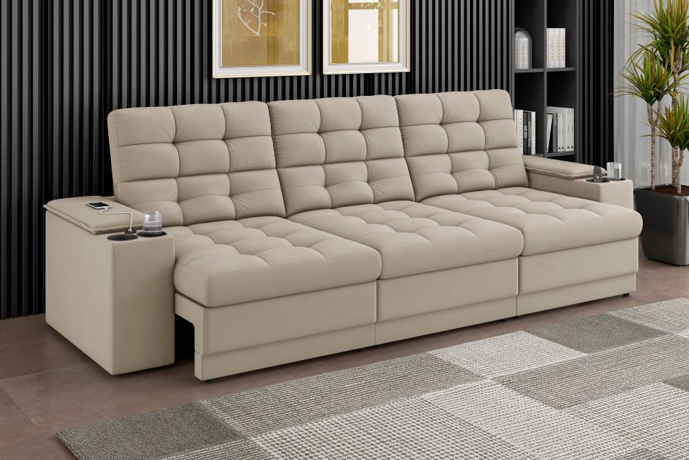 Sofá Confort Premium 2,30m Assento Retrátil/Reclinável porta copos e USB Suede Areia - XFlex Sofas