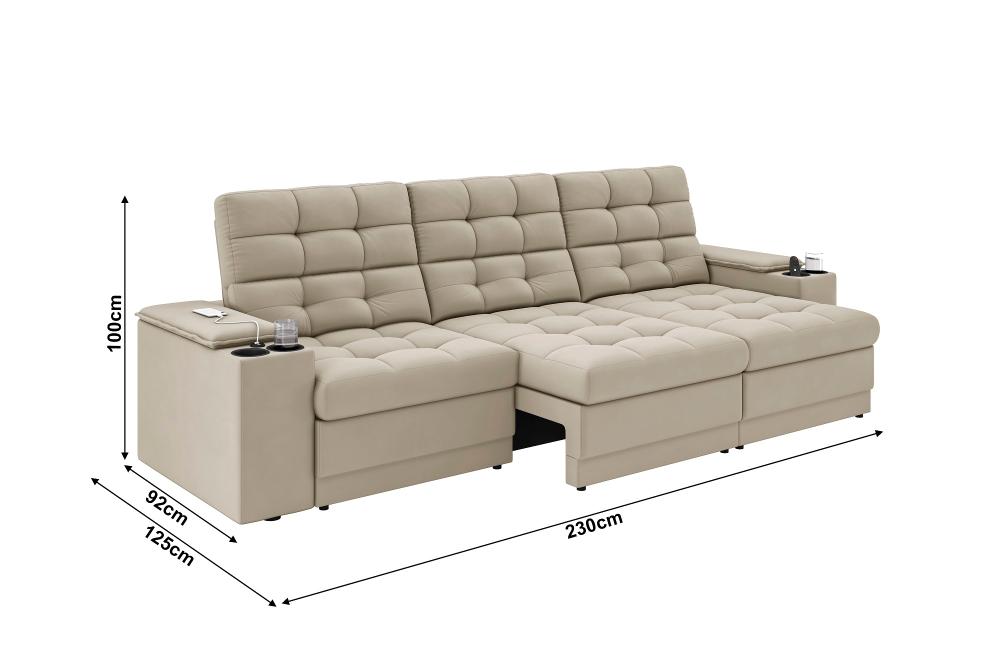 Sofá Confort Premium 2,30m Assento Retrátil/Reclinável porta copos e USB Suede Areia - XFlex Sofas