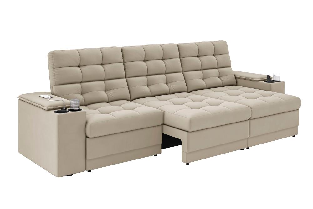 Sofá Confort Premium 2,30m Assento Retrátil/Reclinável porta copos e USB Suede Areia - XFlex Sofas