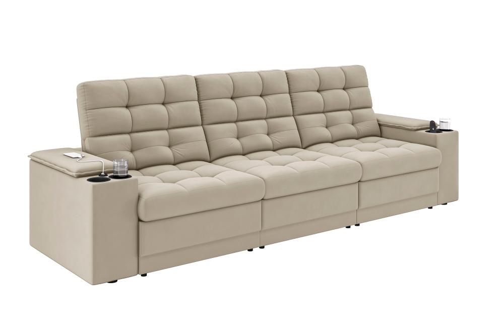 Sofá Confort Premium 2,30m Assento Retrátil/Reclinável porta copos e USB Suede Areia - XFlex Sofas