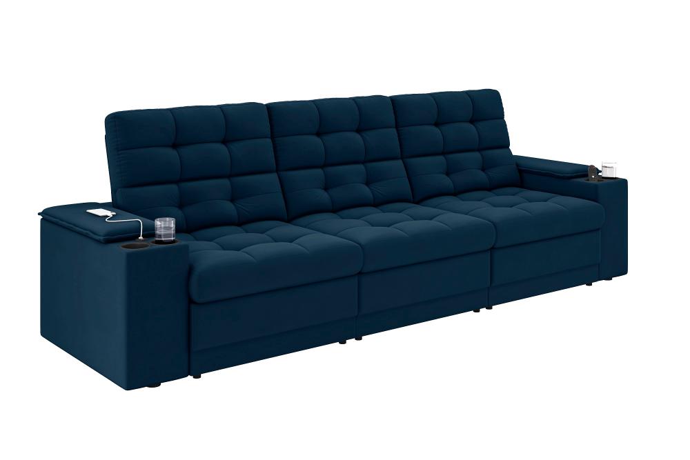 Sofá Confort Premium 2,30m Assento Retrátil/Reclinável porta copos e USB Suede Azul - XFlex Sofas
