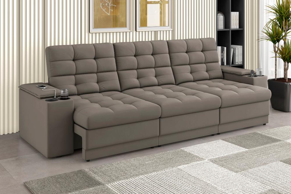 Sofá Confort Premium 2,30m Assento Retrátil/Reclinável porta copos e USB Suede Capuccino - XFlex Sofas