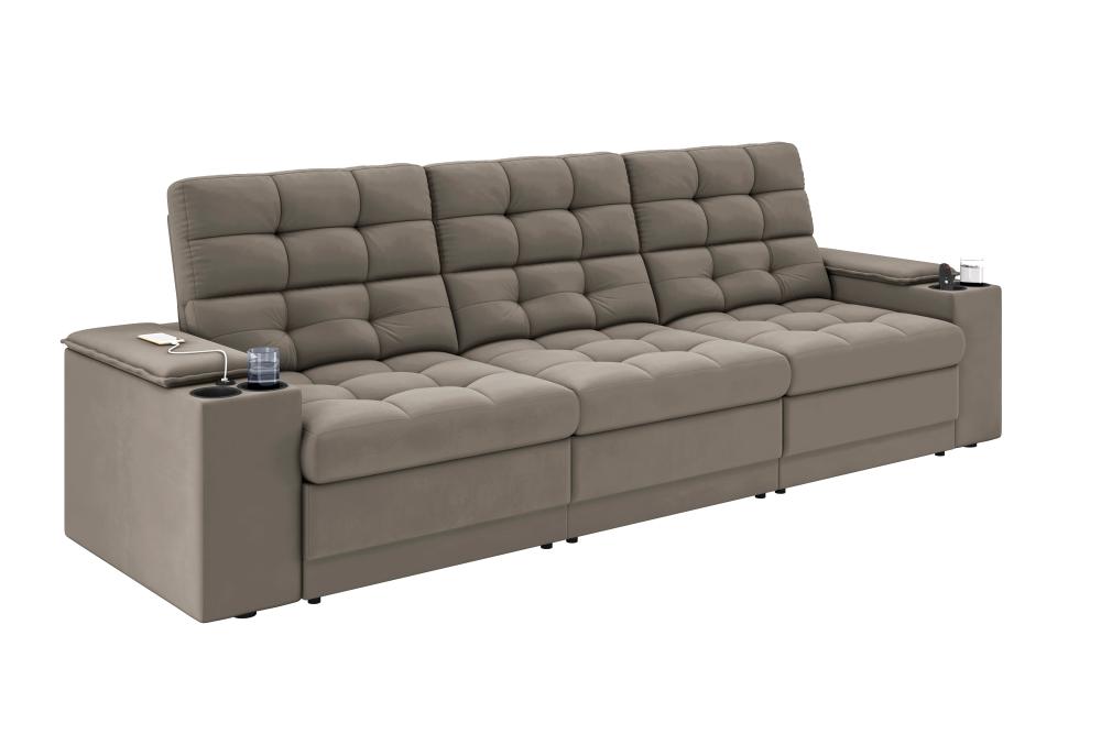 Sofá Confort Premium 2,30m Assento Retrátil/Reclinável porta copos e USB Suede Capuccino - XFlex Sofas