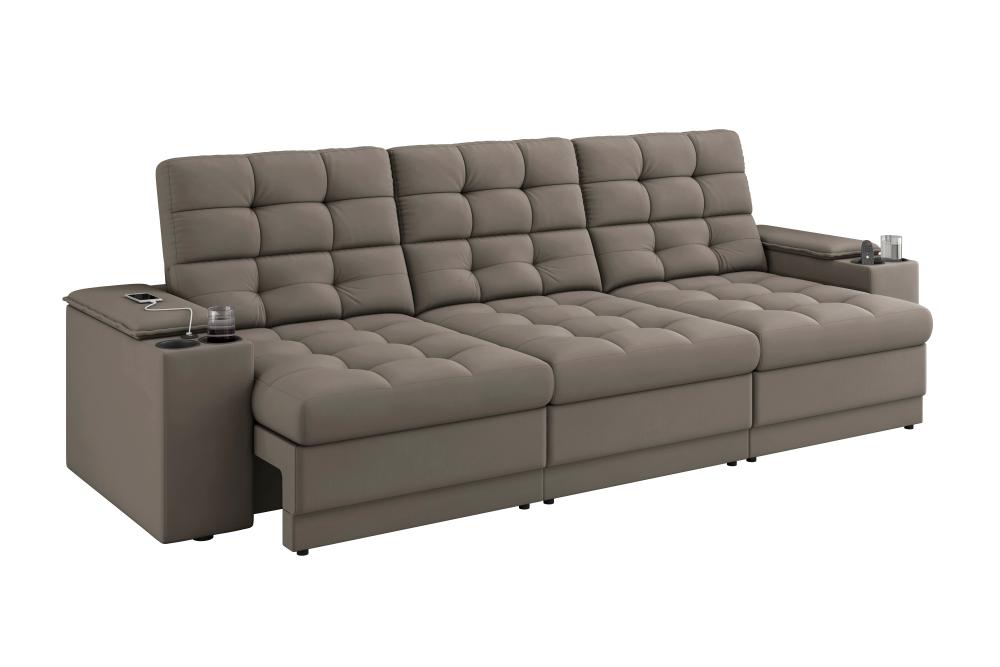 Sofá Confort Premium 2,30m Assento Retrátil/Reclinável porta copos e USB Suede Capuccino - XFlex Sofas