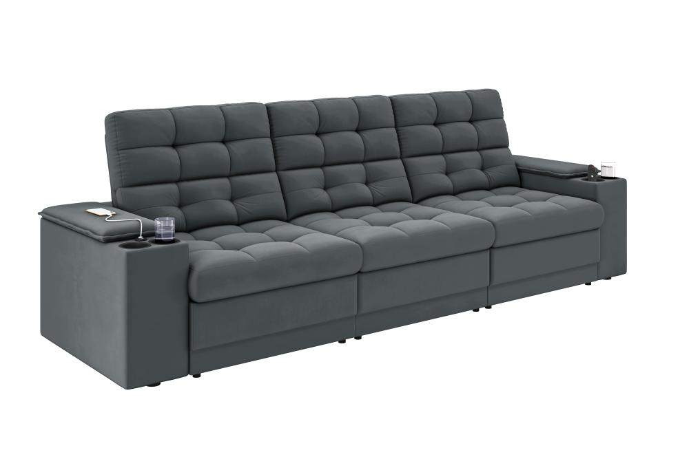 Sofá Confort Premium 2,30m Assento Retrátil/Reclinável porta copos e USB Suede Cinza - XFlex Sofas