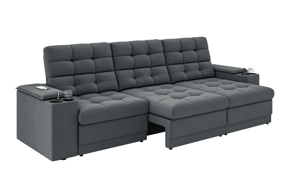 Sofá Confort Premium 2,30m Assento Retrátil/Reclinável porta copos e USB Suede Cinza - XFlex Sofas