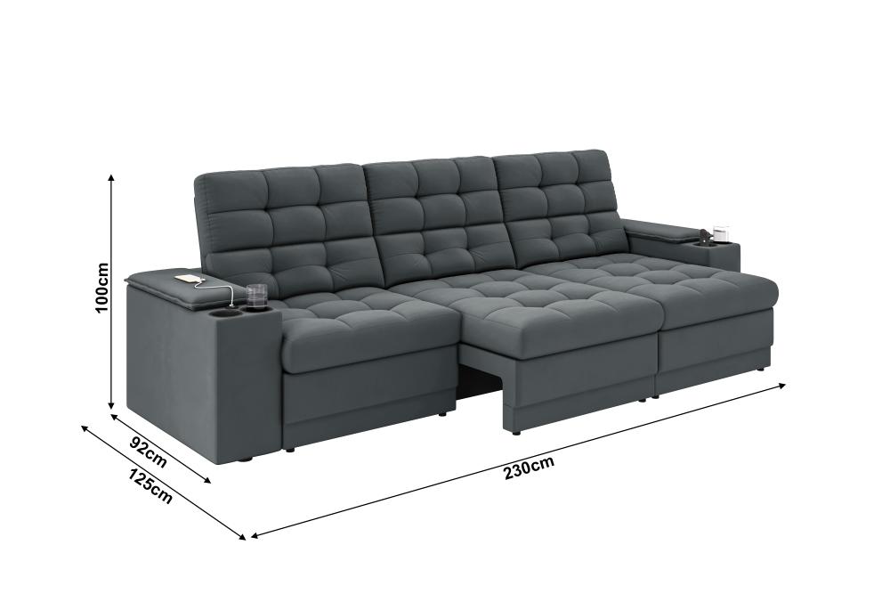 Sofá Confort Premium 2,30m Assento Retrátil/Reclinável porta copos e USB Suede Cinza - XFlex Sofas