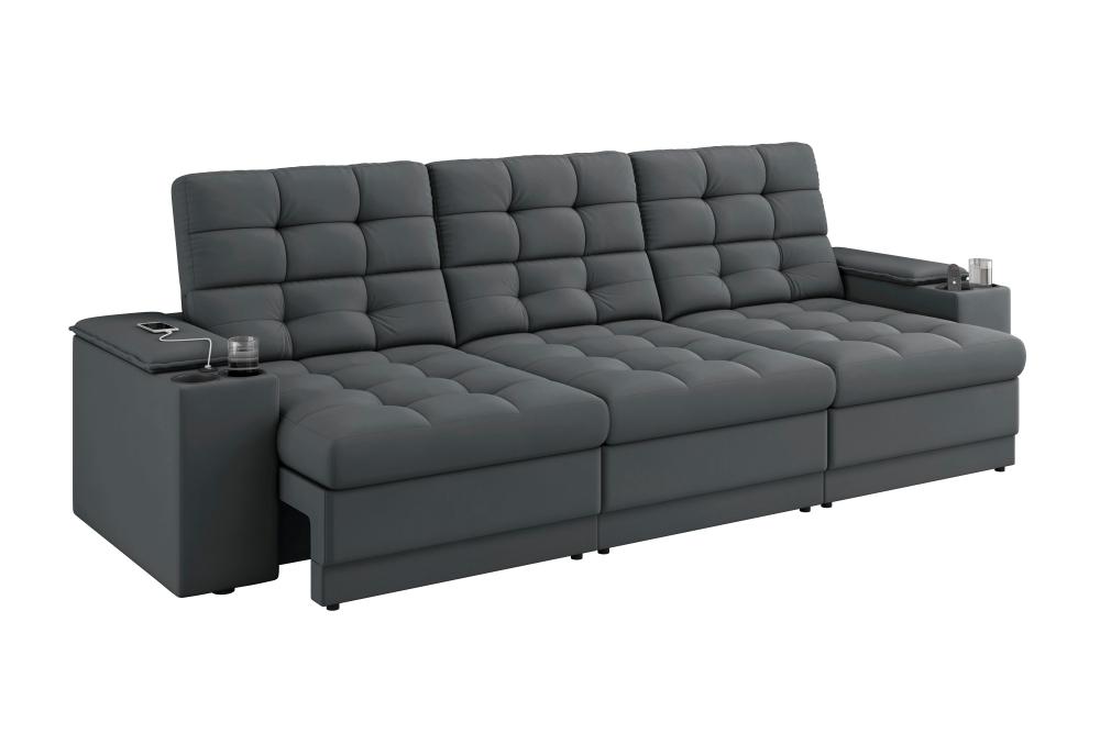 Sofá Confort Premium 2,30m Assento Retrátil/Reclinável porta copos e USB Suede Cinza - XFlex Sofas