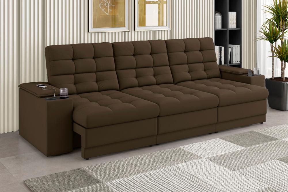 Sofá Confort Premium 2,30m Assento Retrátil/Reclinável porta copos e USB Suede Marrom - XFlex Sofas
