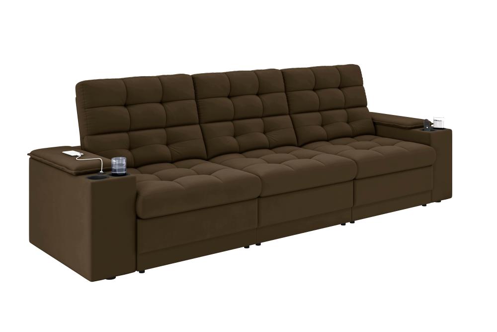 Sofá Confort Premium 2,30m Assento Retrátil/Reclinável porta copos e USB Suede Marrom - XFlex Sofas