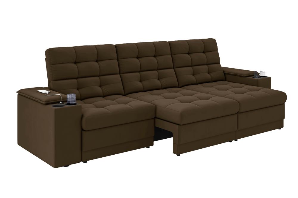Sofá Confort Premium 2,30m Assento Retrátil/Reclinável porta copos e USB Suede Marrom - XFlex Sofas