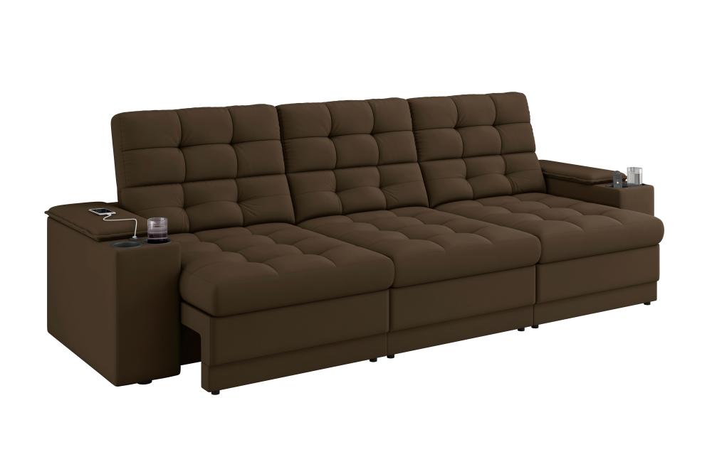 Sofá Confort Premium 2,30m Assento Retrátil/Reclinável porta copos e USB Suede Marrom - XFlex Sofas