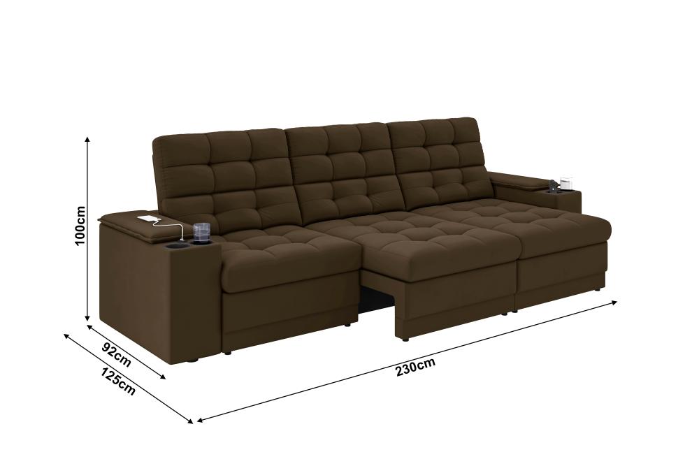 Sofá Confort Premium 2,30m Assento Retrátil/Reclinável porta copos e USB Suede Marrom - XFlex Sofas