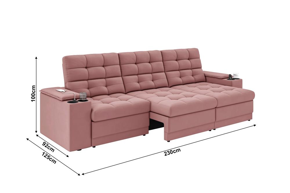 Sofá Confort Premium 2,30m Assento Retrátil/Reclinável porta copos e USB Suede Nude - XFlex Sofas