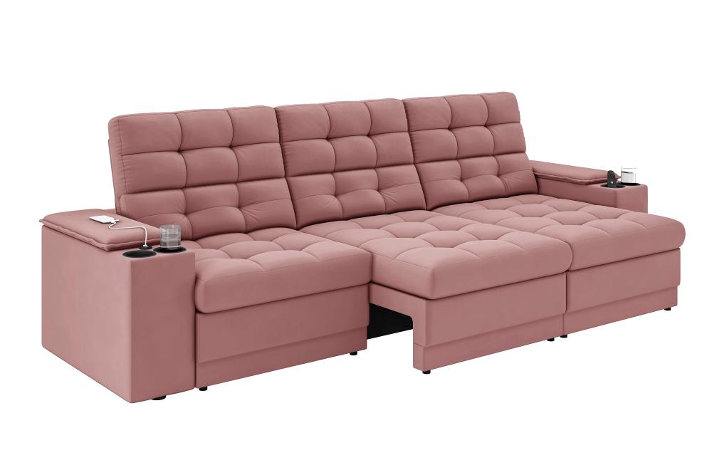 Sofá Confort Premium 2,30m Assento Retrátil/Reclinável porta copos e USB Suede Nude - XFlex Sofas