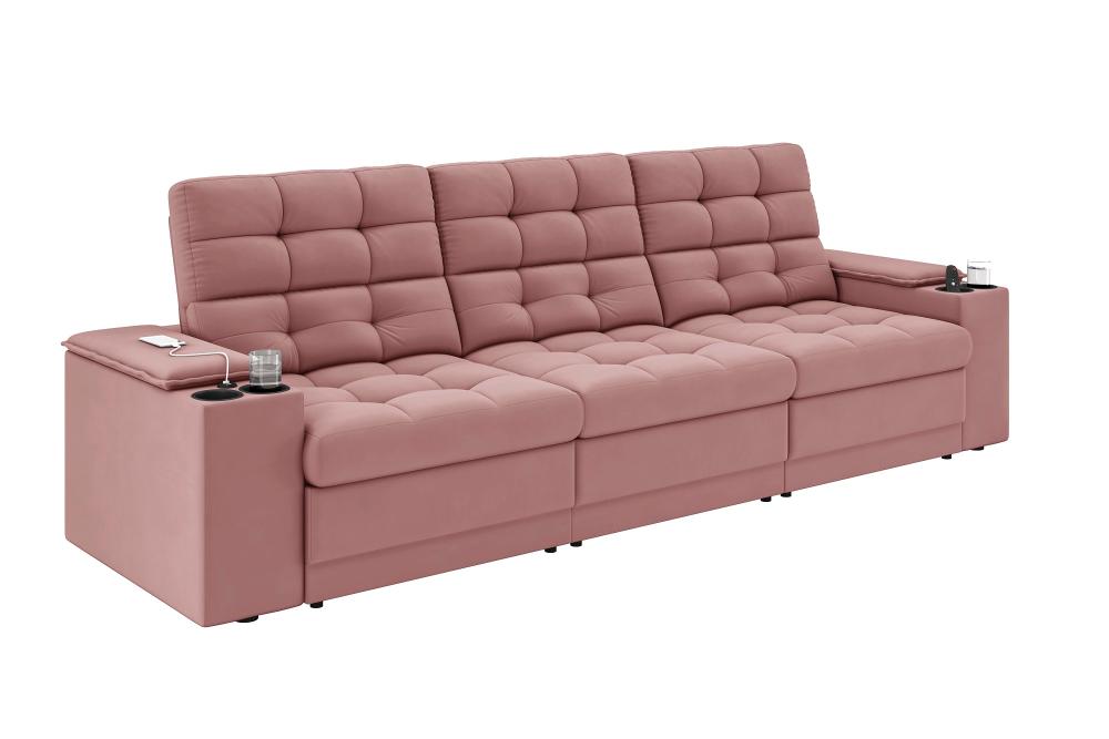 Sofá Confort Premium 2,30m Assento Retrátil/Reclinável porta copos e USB Suede Nude - XFlex Sofas