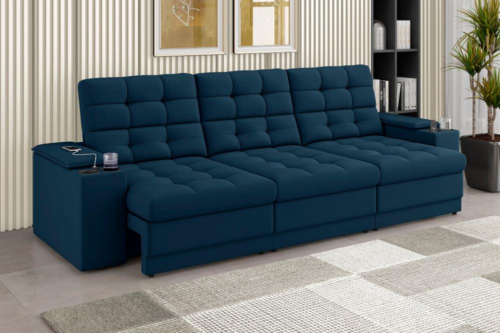 Sofá Confort Premium 2,30m Assento Retrátil/Reclinável porta copos e USB Suede Petróleo - XFlex Sofas