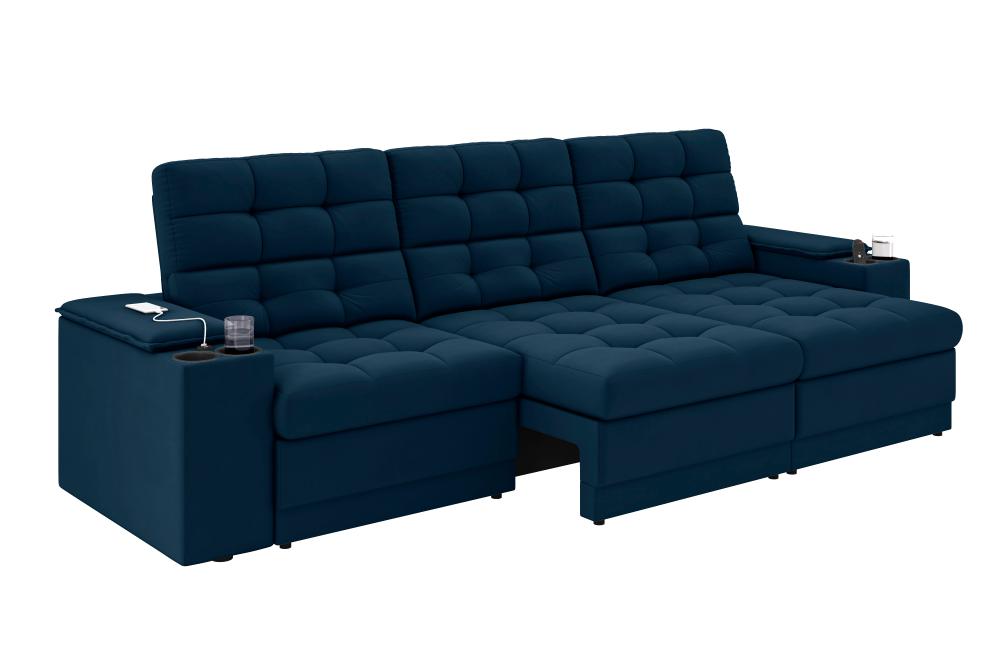 Sofá Confort Premium 2,30m Assento Retrátil/Reclinável porta copos e USB Suede Petróleo - XFlex Sofas