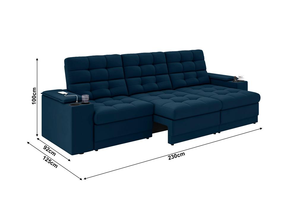 Sofá Confort Premium 2,30m Assento Retrátil/Reclinável porta copos e USB Suede Petróleo - XFlex Sofas