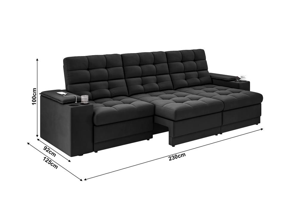 Sofá Confort Premium 2,30m Assento Retrátil/Reclinável porta copos e USB Suede Preto - XFlex Sofas