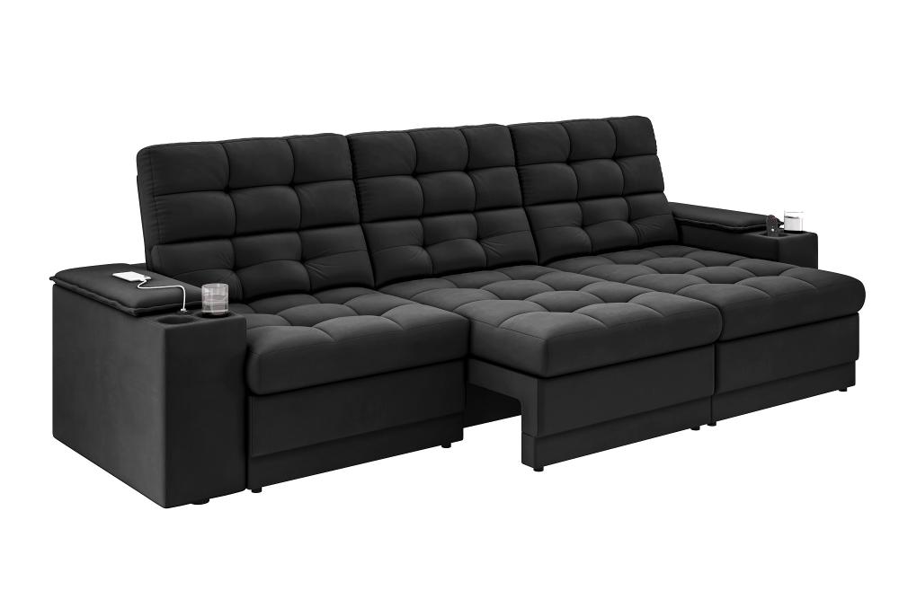 Sofá Confort Premium 2,30m Assento Retrátil/Reclinável porta copos e USB Suede Preto - XFlex Sofas