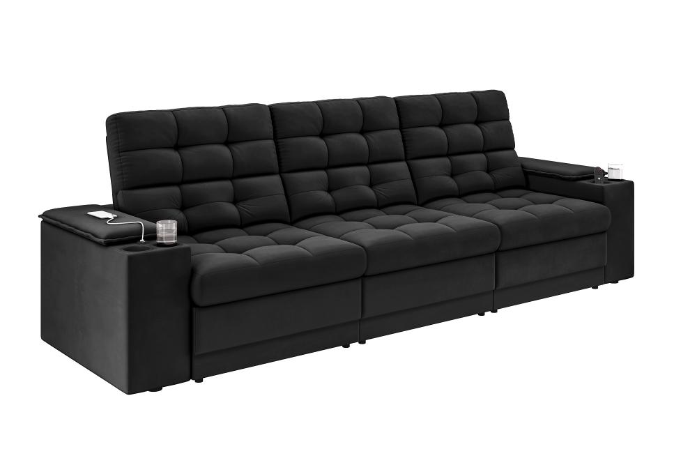 Sofá Confort Premium 2,30m Assento Retrátil/Reclinável porta copos e USB Suede Preto - XFlex Sofas