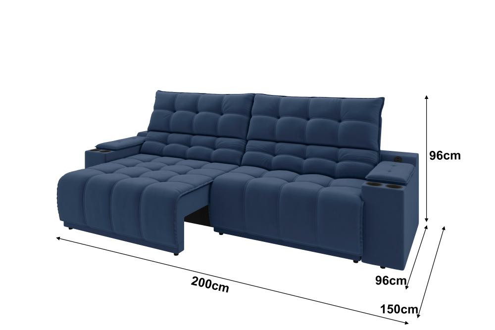 Sofá Connect Premium 2,00m Assento Retrátil/Reclinável com porta copos e entrada USB Suede Azul