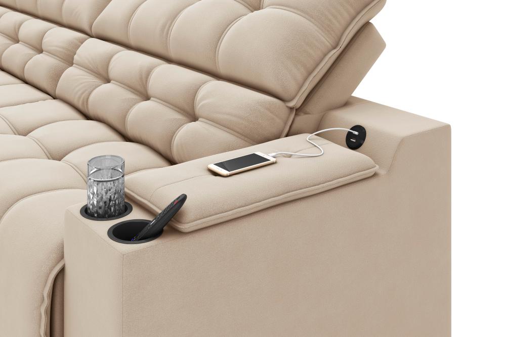Sofá Connect Premium 2,00m Assento Retrátil/Reclinável com porta copos e entrada USB Suede Capuccino