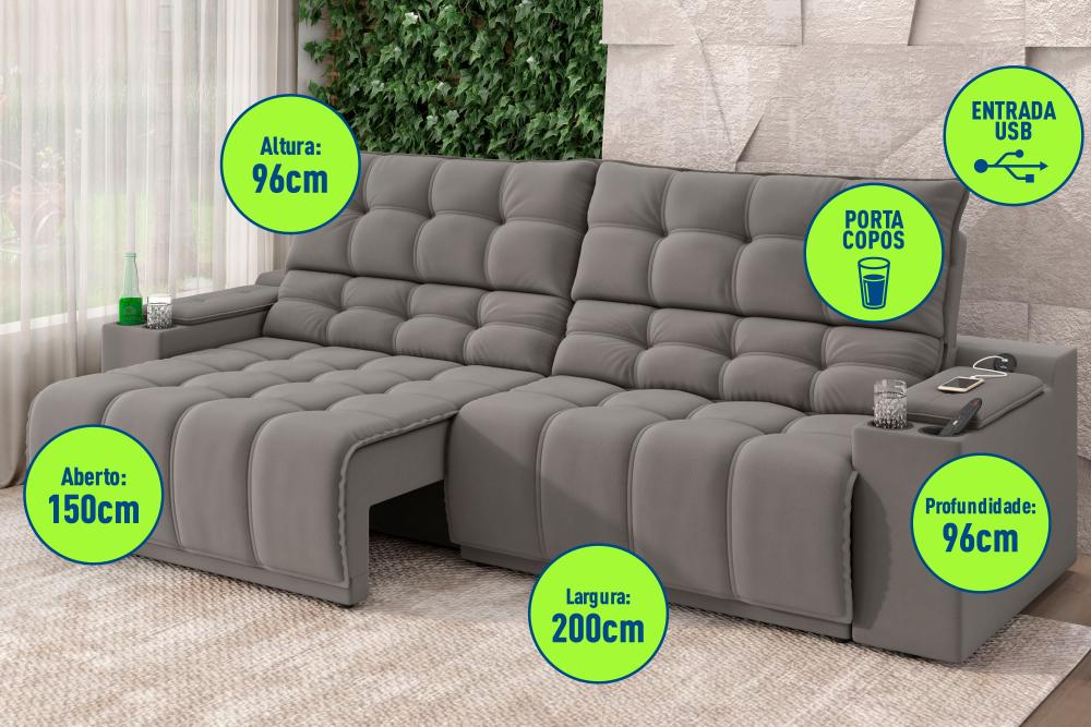 Sofá Connect Premium 2,00m Assento Retrátil/Reclinável com porta copos e entrada USB Suede Cinza