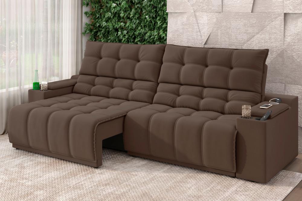 Sofá Connect Premium 2,00m Assento Retrátil/Reclinável com porta copos e entrada USB Suede Marrom